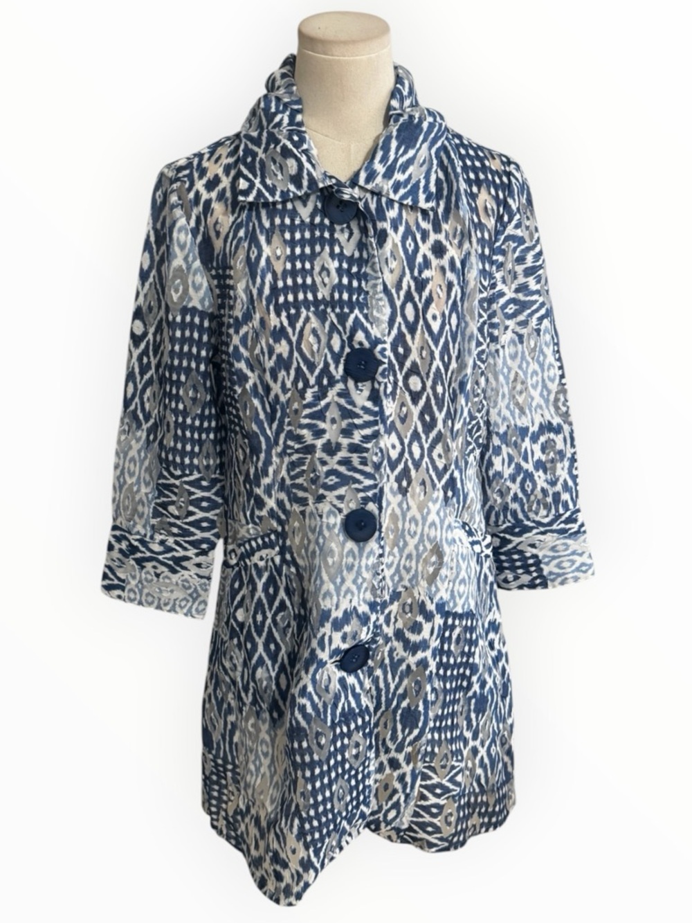 SAMUEL DONG Blue White Ikat Lightweight Long Jacket Top Cardigan XS Designer